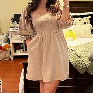 Puff sleeved Linen tan dress with pockets